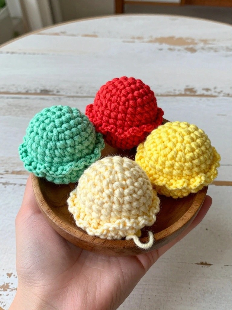 Four brightly colored crocheted balls sit inside a small wooden bowl held in a hand.