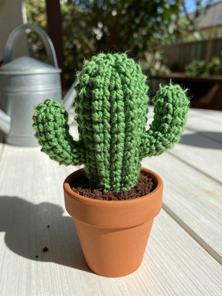 Green crocheted cactus in terracotta pot on white wooden table with watering can