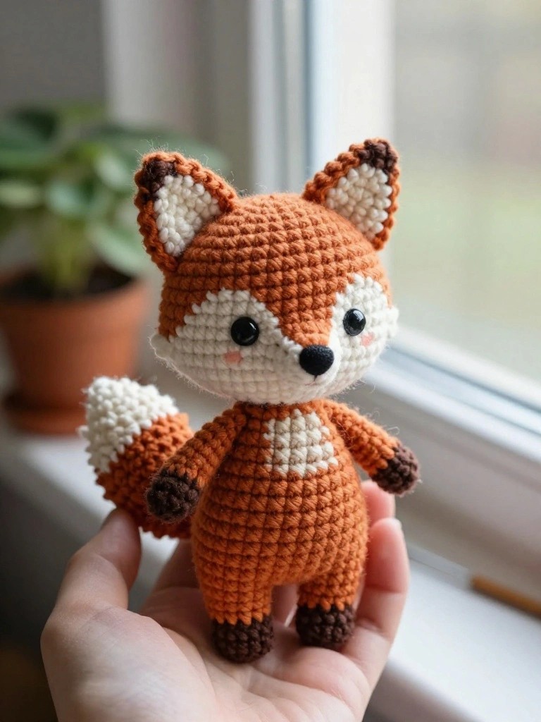 Hand holding crocheted orange fox toy with white muzzle and brown accents