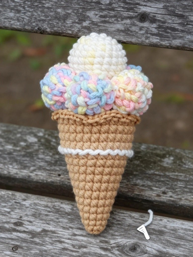 Crocheted ice cream cone with three pastel scoops on a tan cone base with a white stripe.