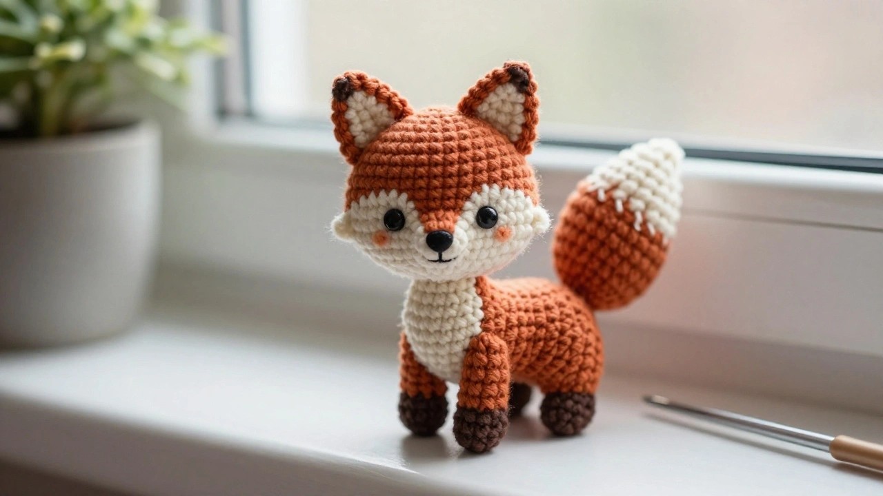 Hand holding crocheted orange fox toy with white muzzle and brown accents
