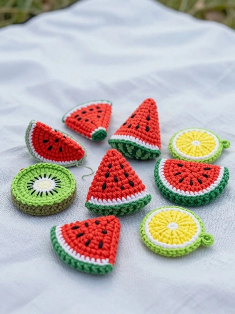 Crocheted watermelon, lemon, and kiwi slices scattered on white fabric