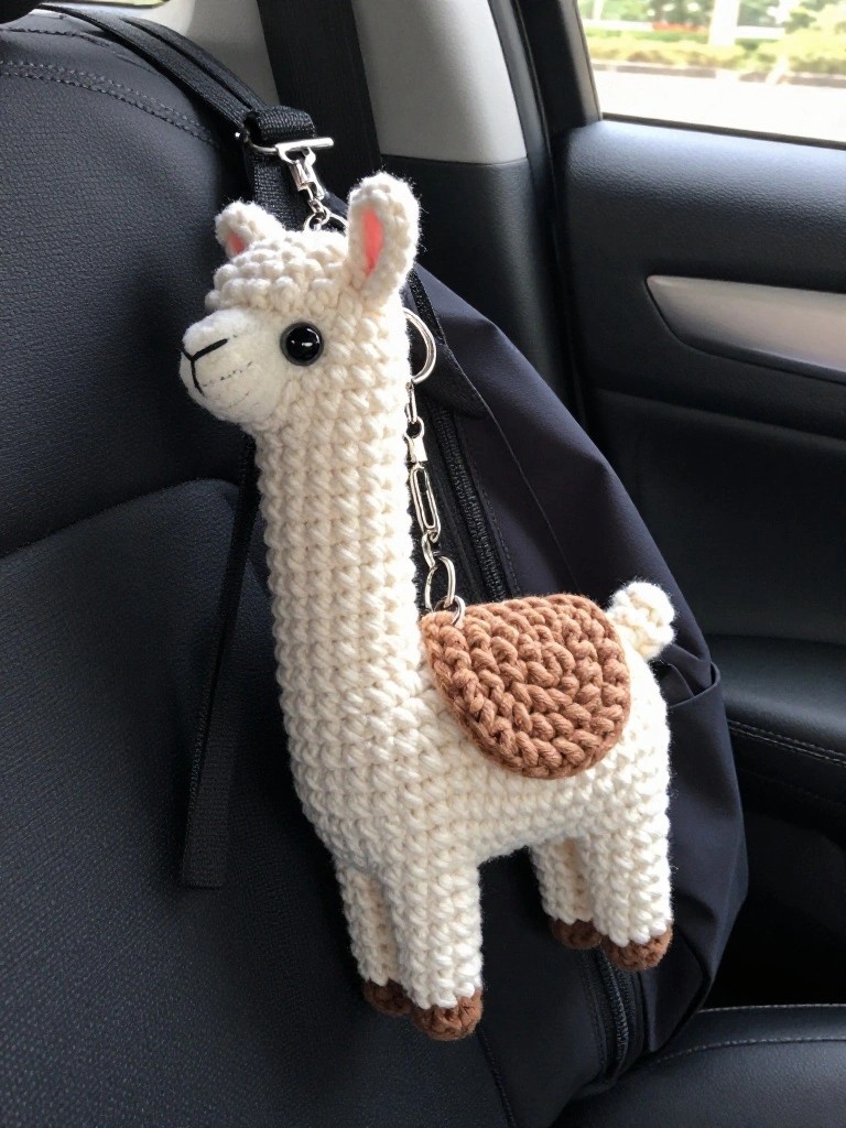 White crocheted llama keychain with brown saddle on black bag in car