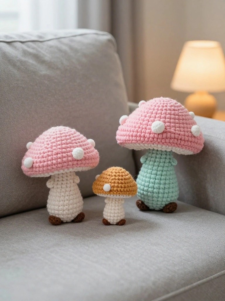 Three crocheted mushrooms with spotted caps on a gray couch