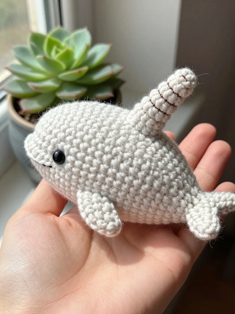 Hand holding small white crocheted narwhal toy with striped tusk near plant