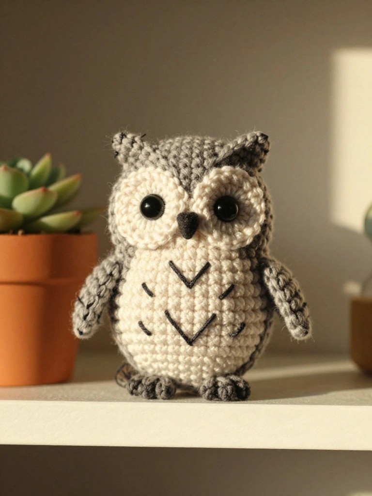 Crocheted gray and white owl toy on a shelf beside a potted succulent.
