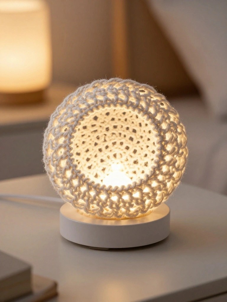 White crocheted spherical lampshade glowing on a round white base
