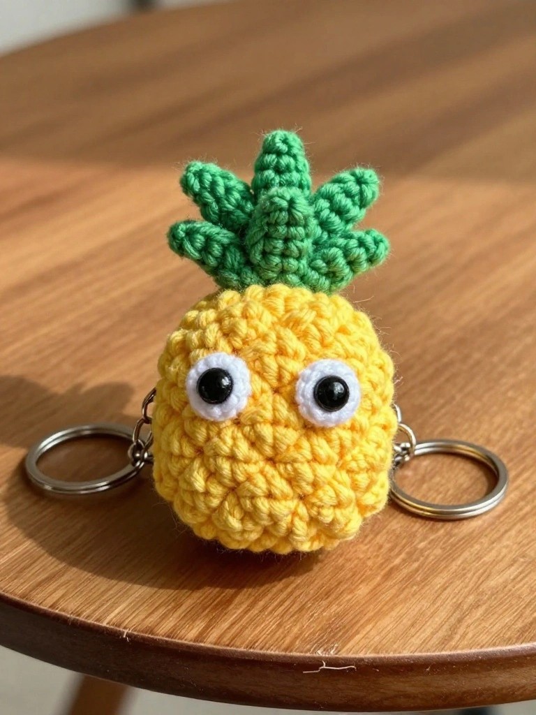 A yellow crocheted pineapple with green leaves, two eyes, and attached key rings rests on a wooden table.