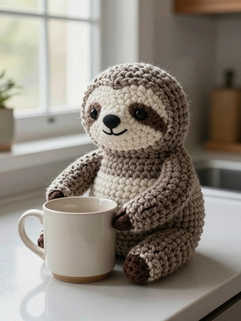 Crocheted brown-and-white sloth plush holding white mug on kitchen counter