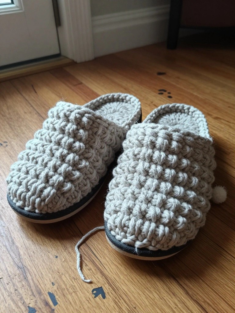 Light gray crocheted slippers on wooden floor near white door.