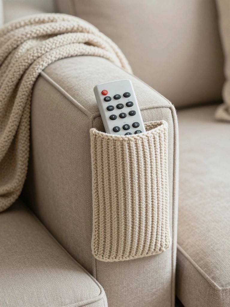 A beige crocheted pocket attached to a sofa arm holding a television remote control.