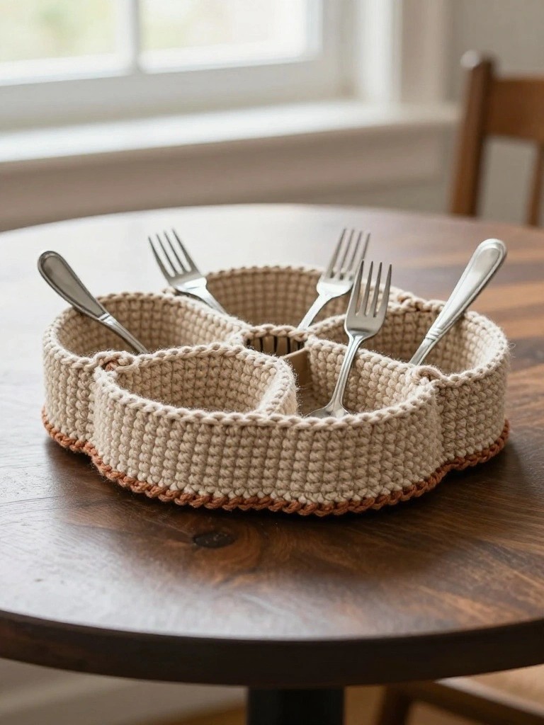 Crocheted beige basket with compartments holding silver forks on wooden table.