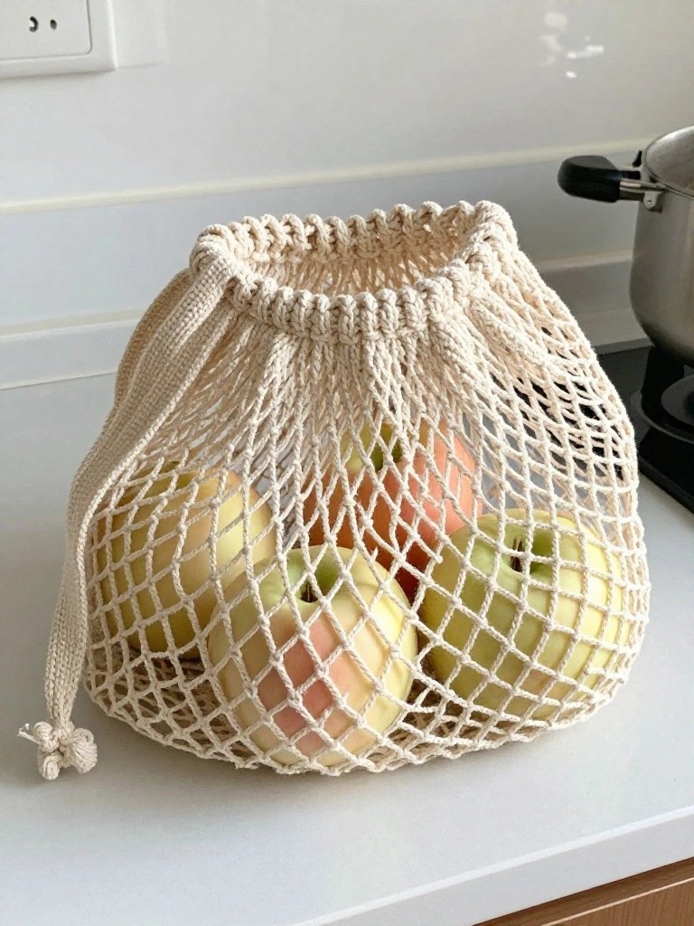 A cream crocheted mesh drawstring bag filled with green and red apples rests on a white kitchen counter.