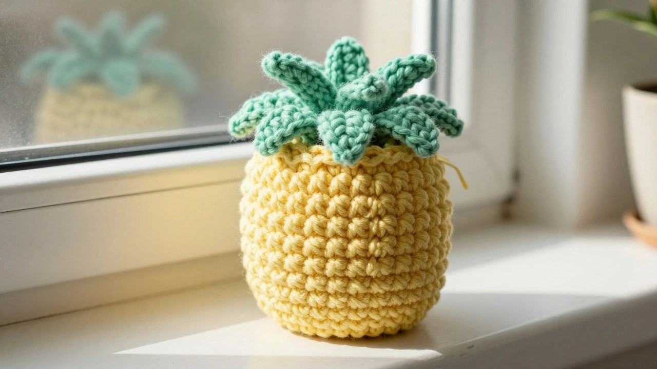 Yellow crocheted pineapple with mint green top on white windowsill