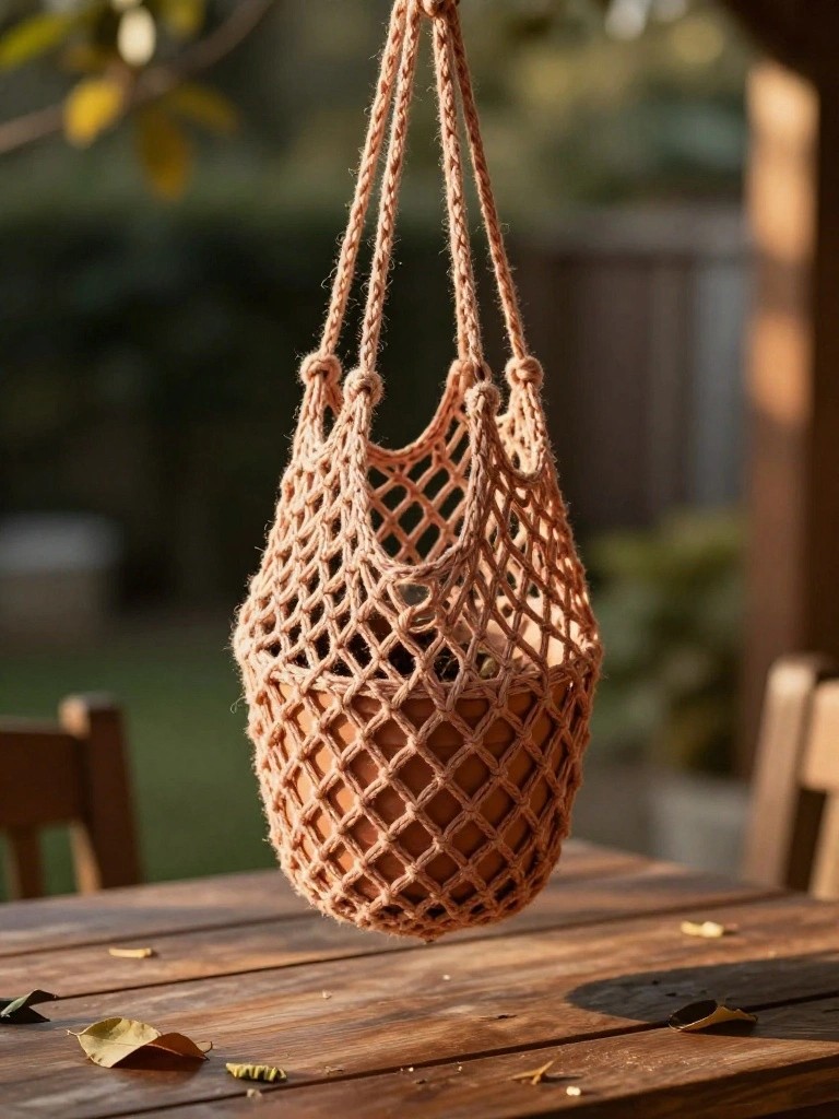 A light peach crocheted net bag hangs from knotted cords above a wooden table.