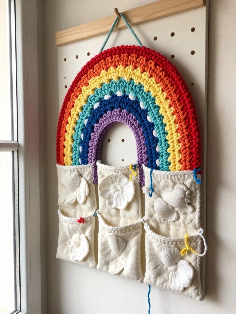 Colorful crocheted rainbow wall hanging with shell-filled white fabric pockets on pegboard