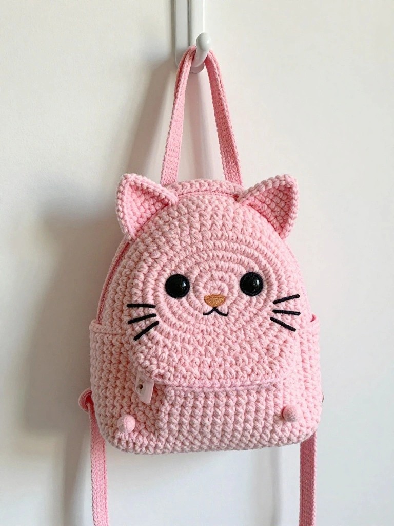 Pink crocheted cat-faced backpack with ears and whiskers hanging on a hook.