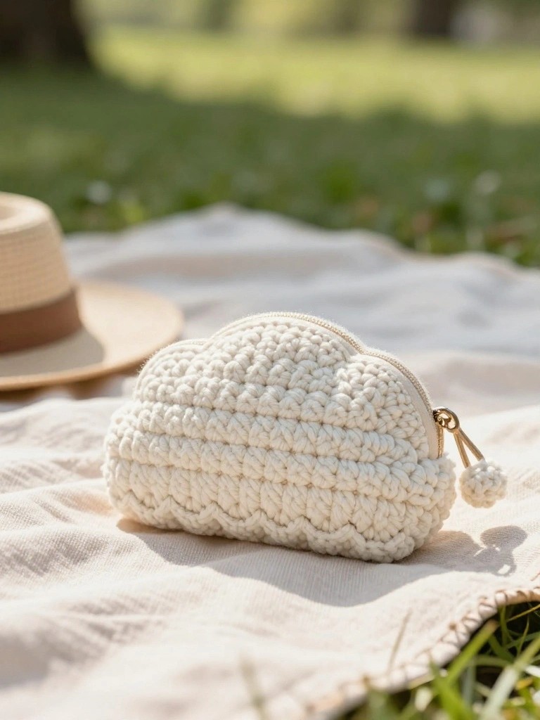 A small white crocheted cloud-shaped pouch with a zipper rests on a light-colored blanket outdoors.