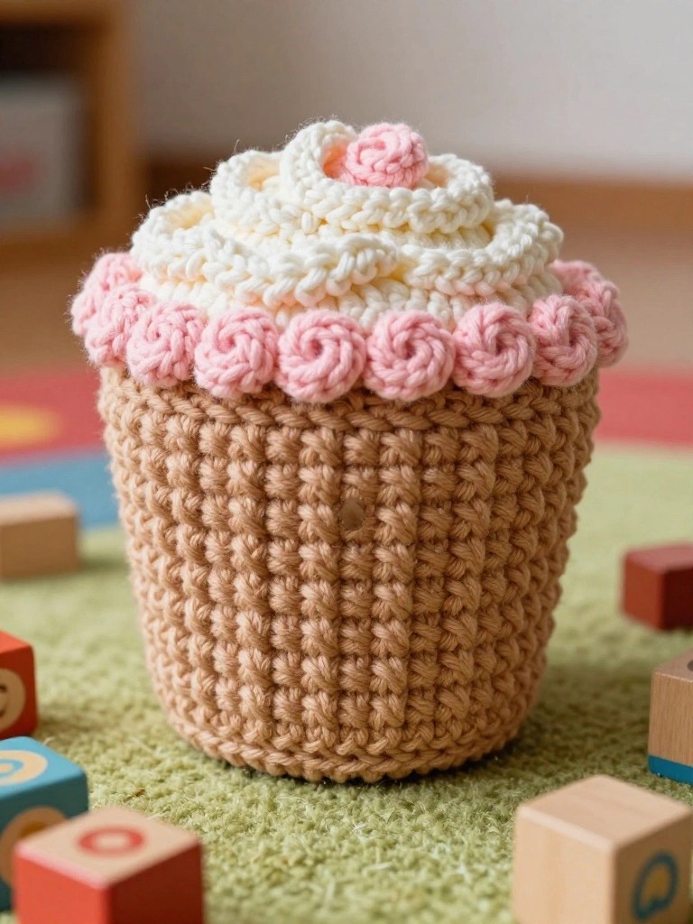 Crocheted brown cupcake with pink and white ruffled top amid wooden toy blocks