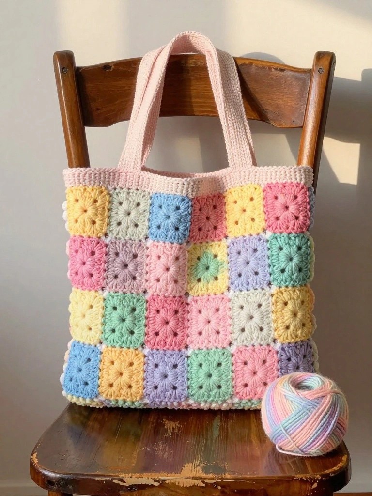 Colorful granny square crochet tote bag with pink handles on wooden chair beside yarn ball