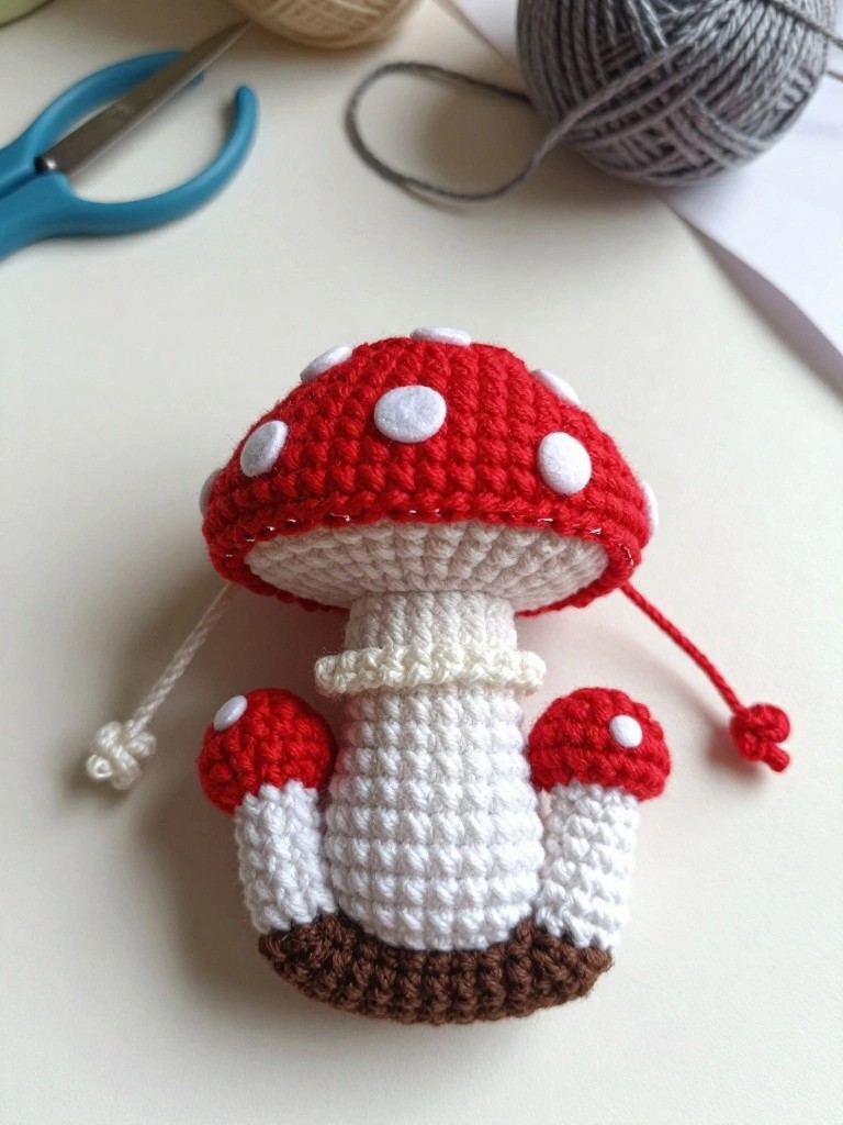 A crocheted mushroom-shaped drawstring pouch with red spotted cap, white stem, brown base, and two small side mushrooms.