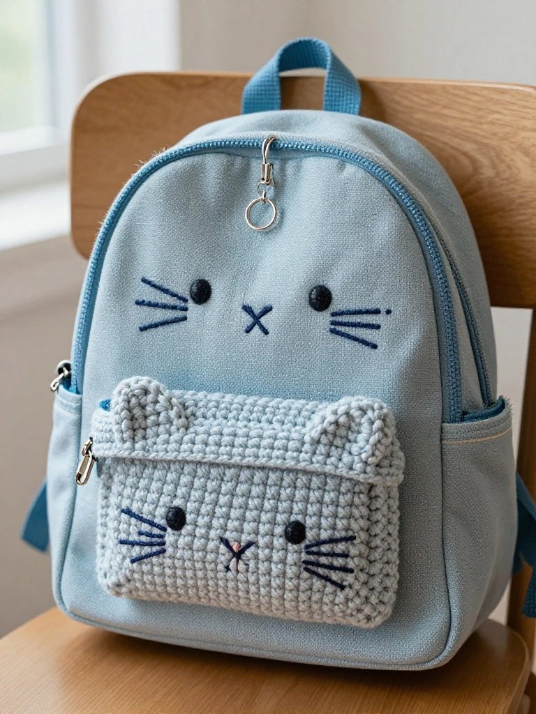 Light blue backpack with embroidered cat face and crocheted front pouch on wooden chair