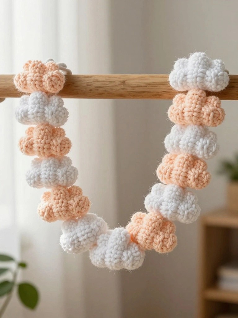 Peach and white crocheted cloud garland hanging from a wooden rod