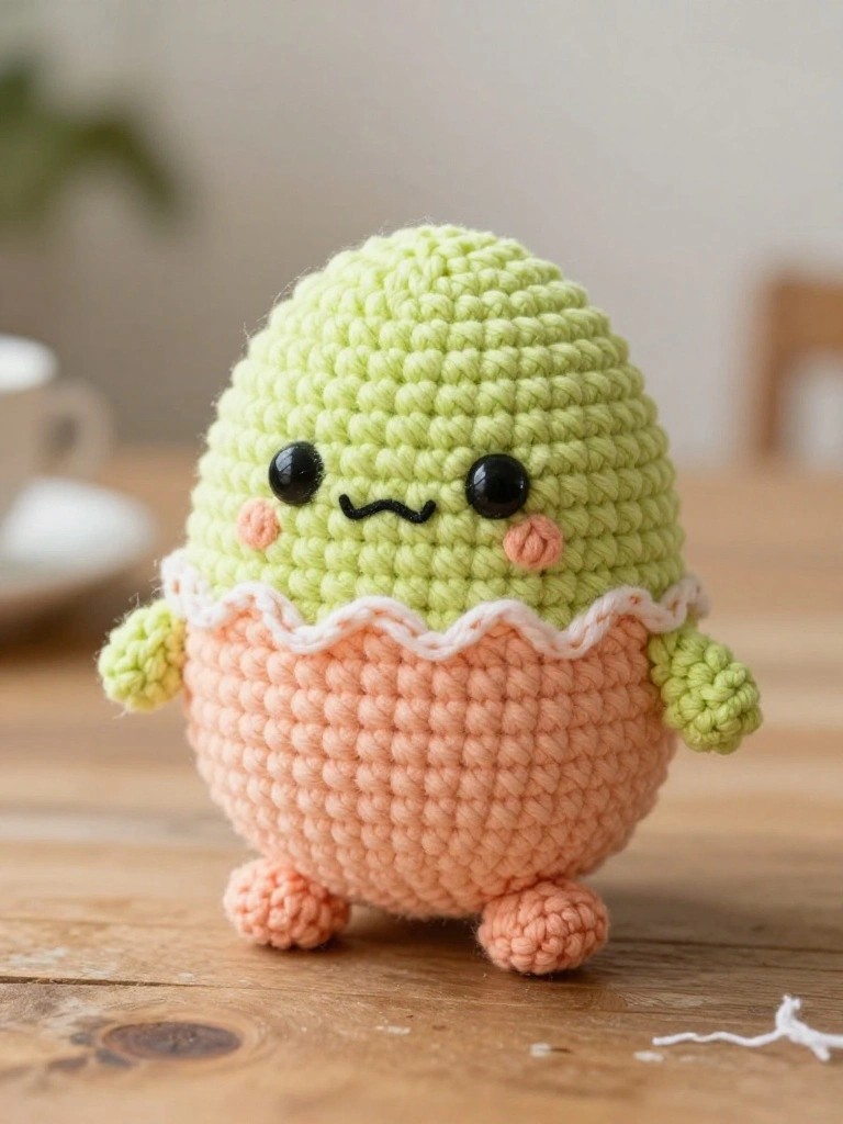 A crocheted amigurumi plushie shaped like a chick hatching from a green and peach egg with black eyes and small limbs on a wooden surface.