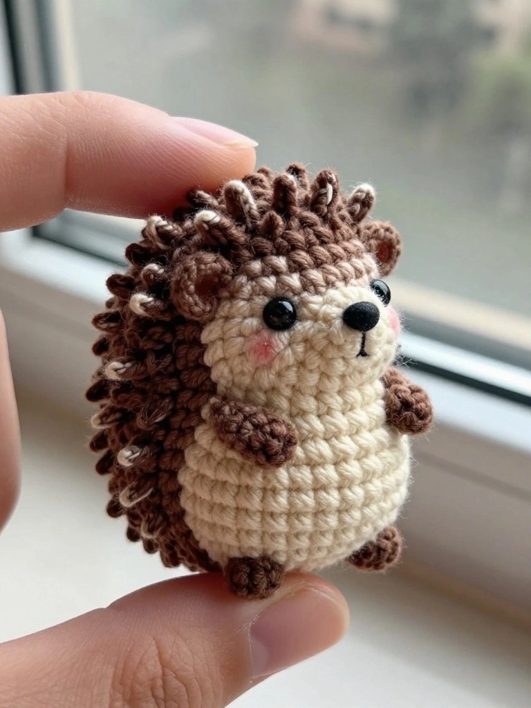 A small crocheted hedgehog held between fingers against a window.