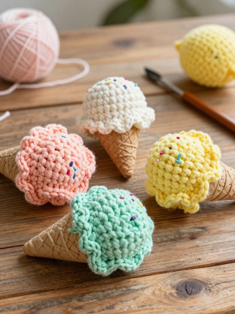 Four colorful crocheted ice cream cones on wood with yarn balls and hook