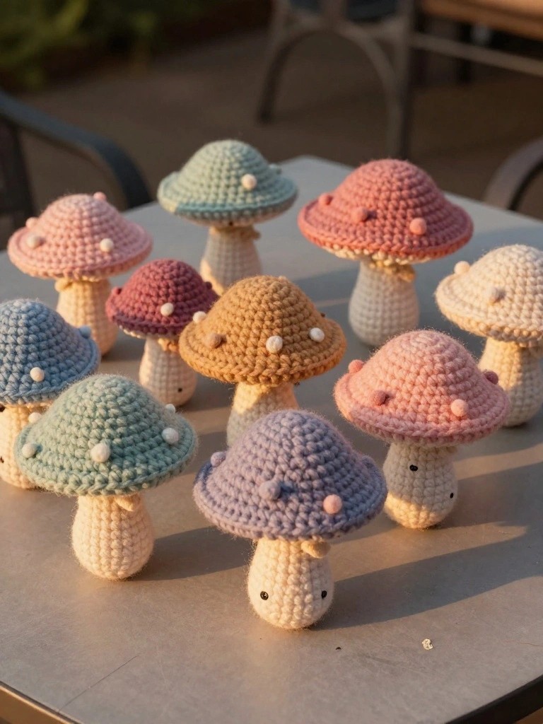 A group of small crocheted mushrooms in pastel colors arranged on a metal table.