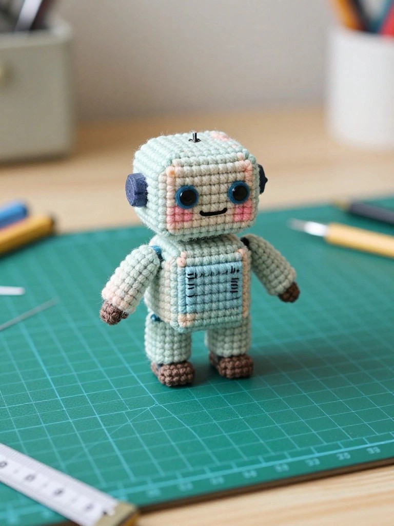 A small light blue crocheted robot figure with pink cheeks and a chest panel stands on a green gridded mat surrounded by craft tools.
