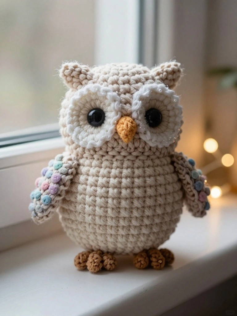 Crocheted beige owl with white face, black eyes, and pastel wing dots on windowsill