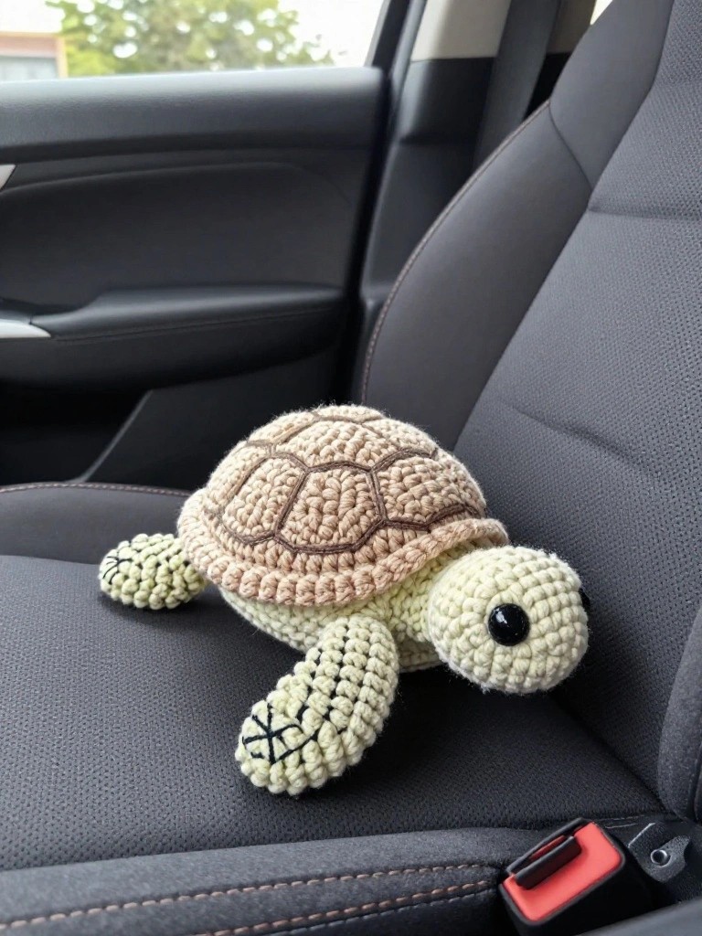 A crocheted turtle plush with beige shell and light green body sits on a gray car seat.