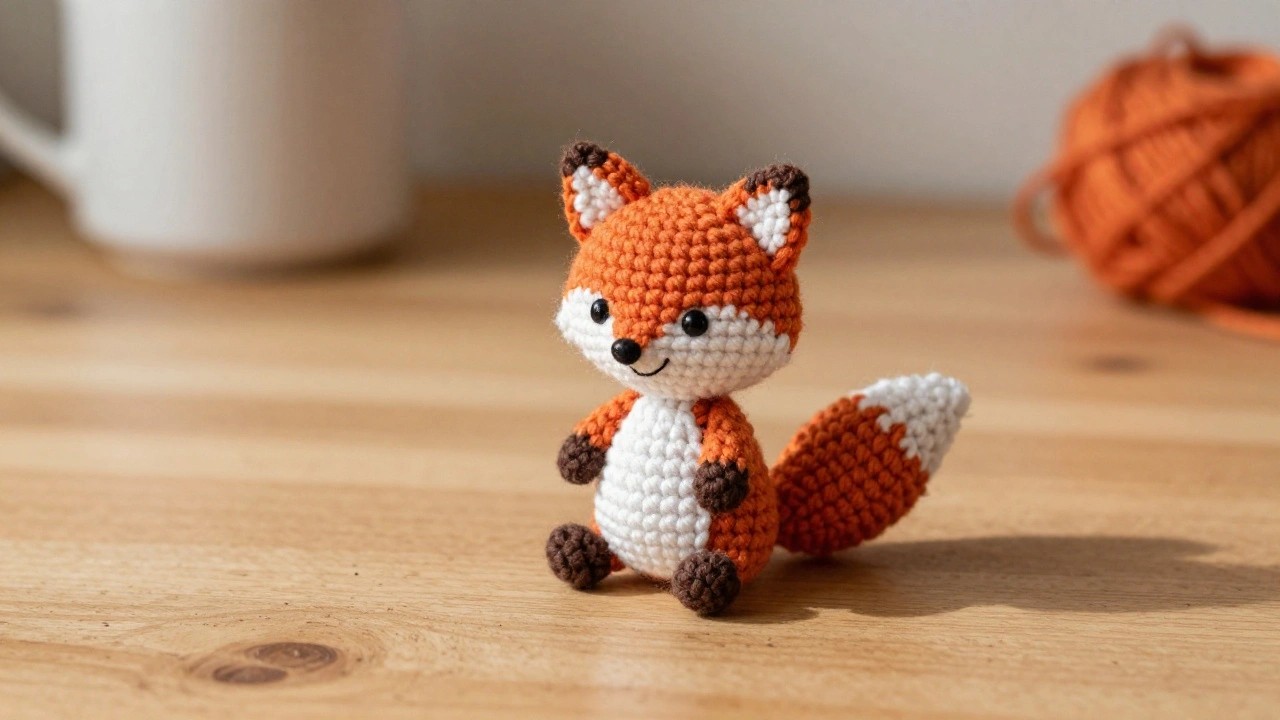 Crocheted orange fox toy with white chest and tail on wooden table