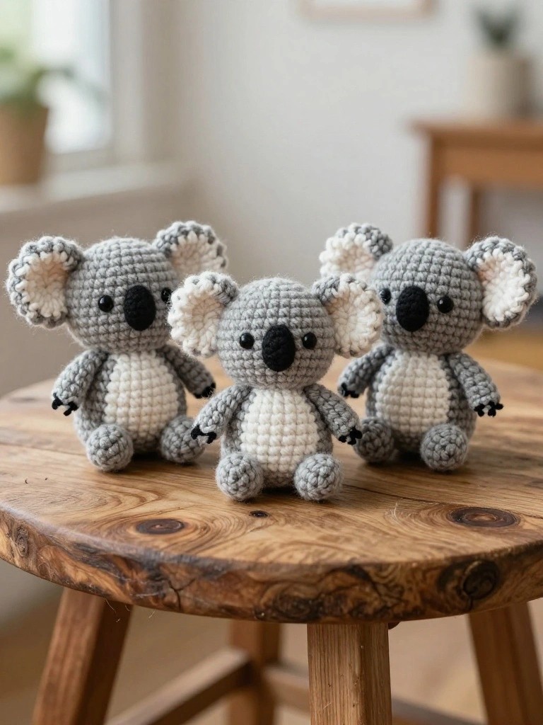 Three gray and white crocheted koala toys on a wooden table