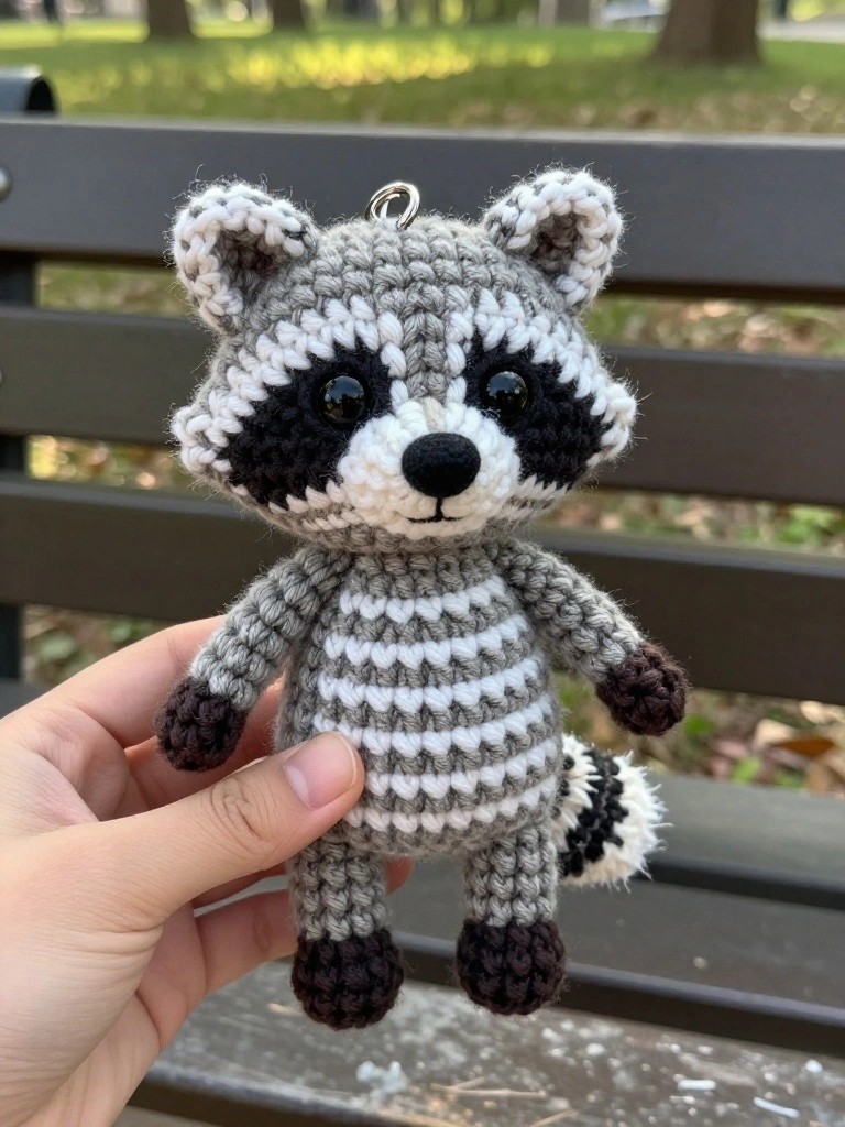 Hand holding crocheted gray raccoon plush keychain with striped tail on bench.