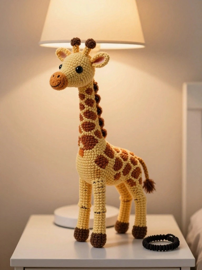 Crocheted yellow giraffe with brown spots on white table beside lit lamp