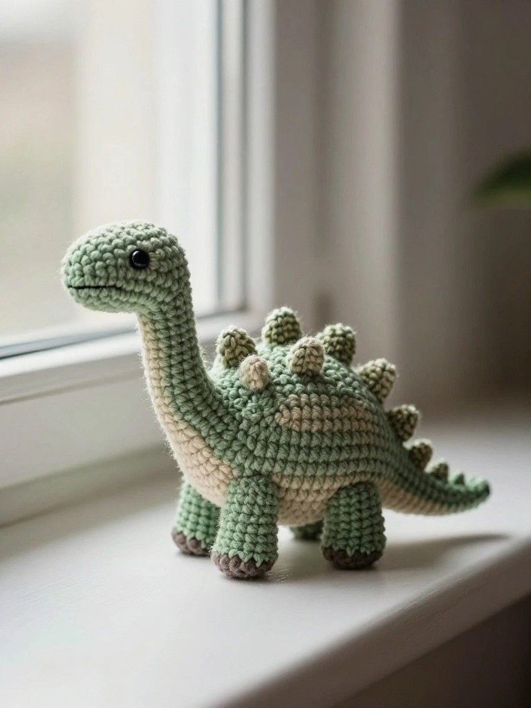 A crocheted green stegosaurus plush with beige belly and back plates sits on a white windowsill.