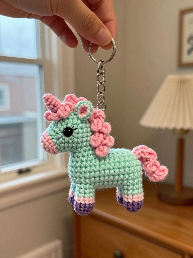 A mint green crocheted unicorn with pink mane and tail hangs from a silver keyring.