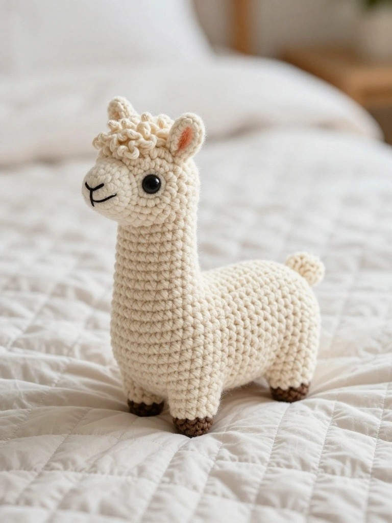 Crocheted white llama toy with brown feet on rumpled white quilted bed