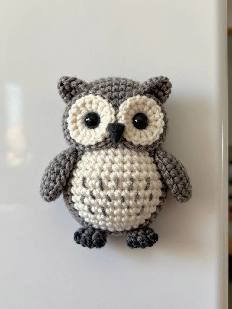 Gray and white crocheted owl with large eyes on white refrigerator.