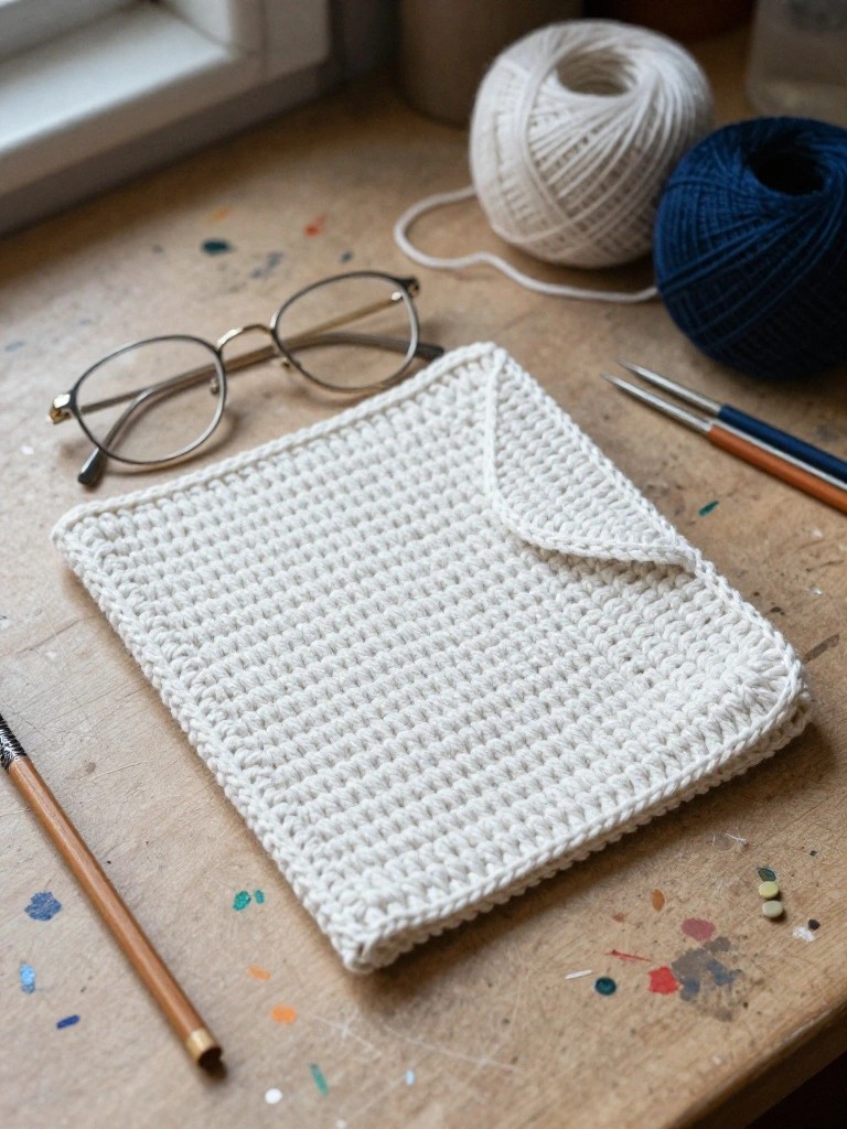 A white crocheted square pouch with a flap sits on a wooden table next to yarn balls, glasses, and knitting needles.