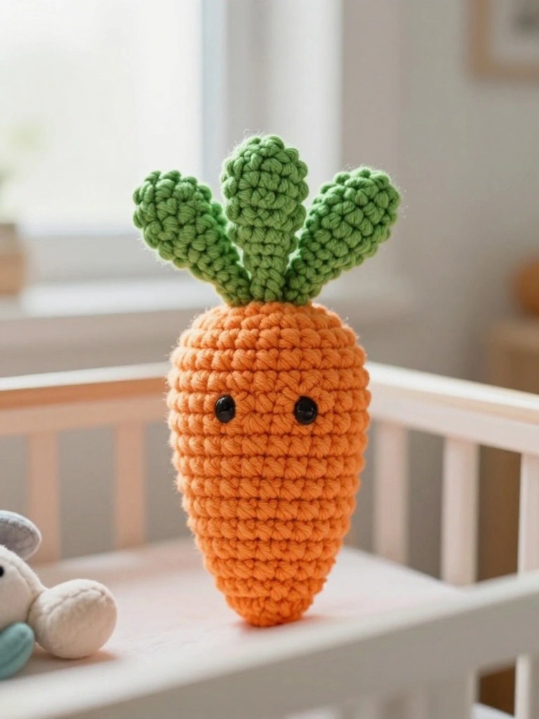Crocheted orange carrot toy with green leaves and black eyes on white surface.