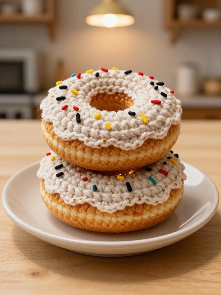 Two crocheted donuts with white textured tops and colorful sprinkles stacked on a white plate.