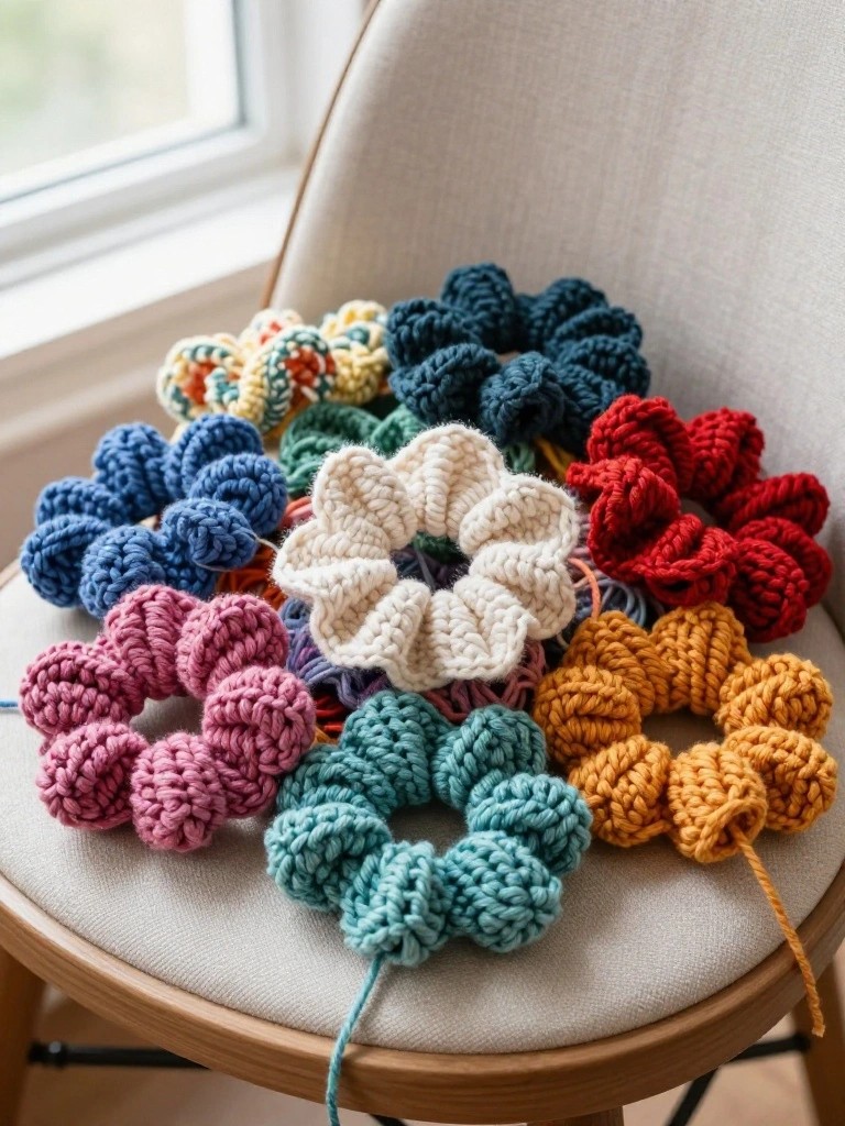 Colorful crocheted scrunchies piled on a beige upholstered chair seat.