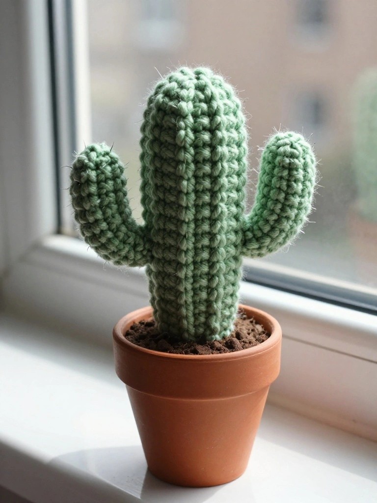 A light green crocheted cactus with two arms in a brown pot on a white windowsill.