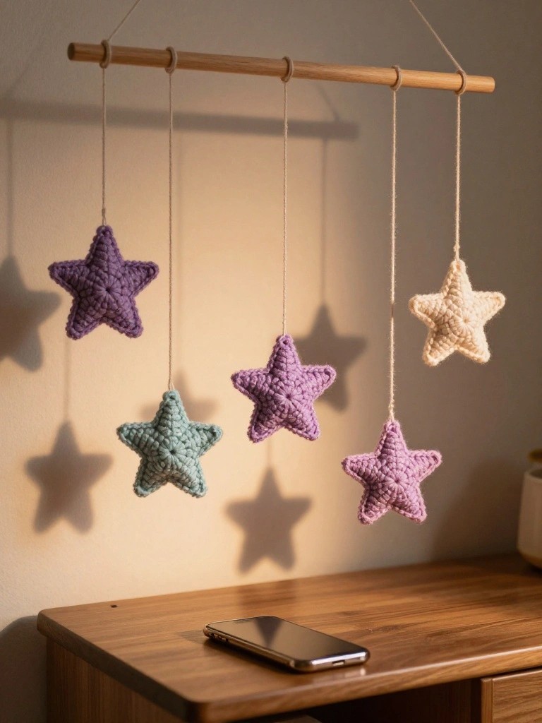 Pastel crocheted stars hanging from wooden rod above smartphone on table
