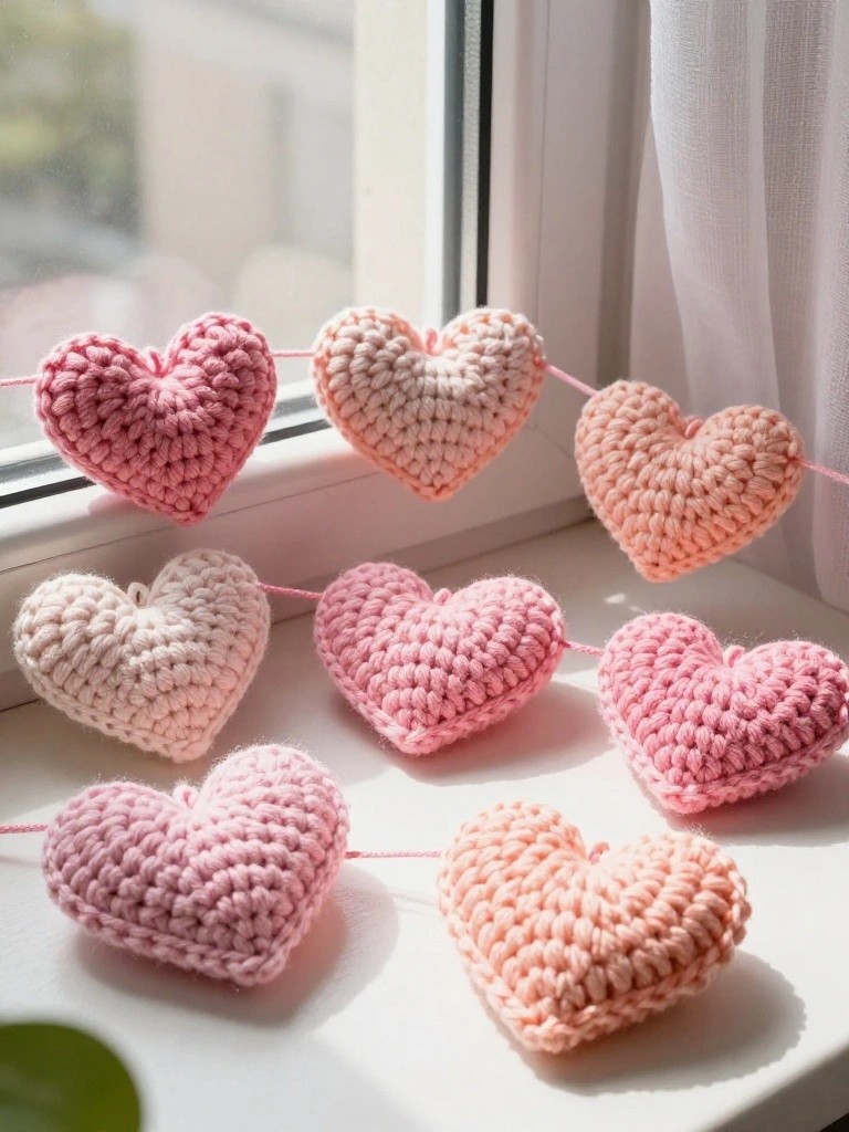Pastel pink crocheted hearts strung across a sunny white windowsill.