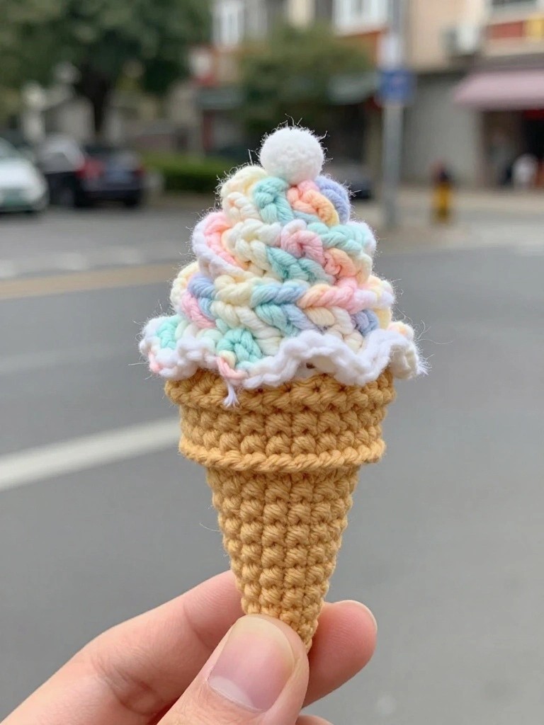 Hand holding crocheted ice cream cone with pastel yarn scoops